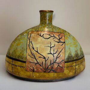 Vintage Japanese Art Pottery Flounder Vase Green Abstract Asian Nature Trees